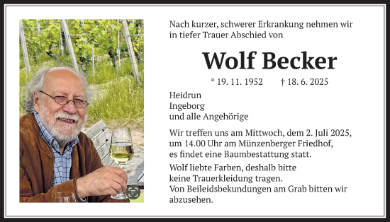 Traueranzeige von Wolf Becker von Butzbacher Zeitung