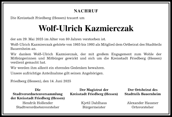 Traueranzeige von Wolf-Ulrich Kazmierczak von Wetterauer Zeitung