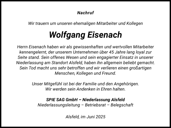 Traueranzeige von Wolfgang Eisenach von Oberhessische Zeitung