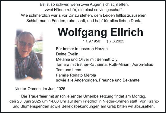 Traueranzeige von Wolfgang Ellrich von Giessener Allgemeine, Alsfelder Allgemeine