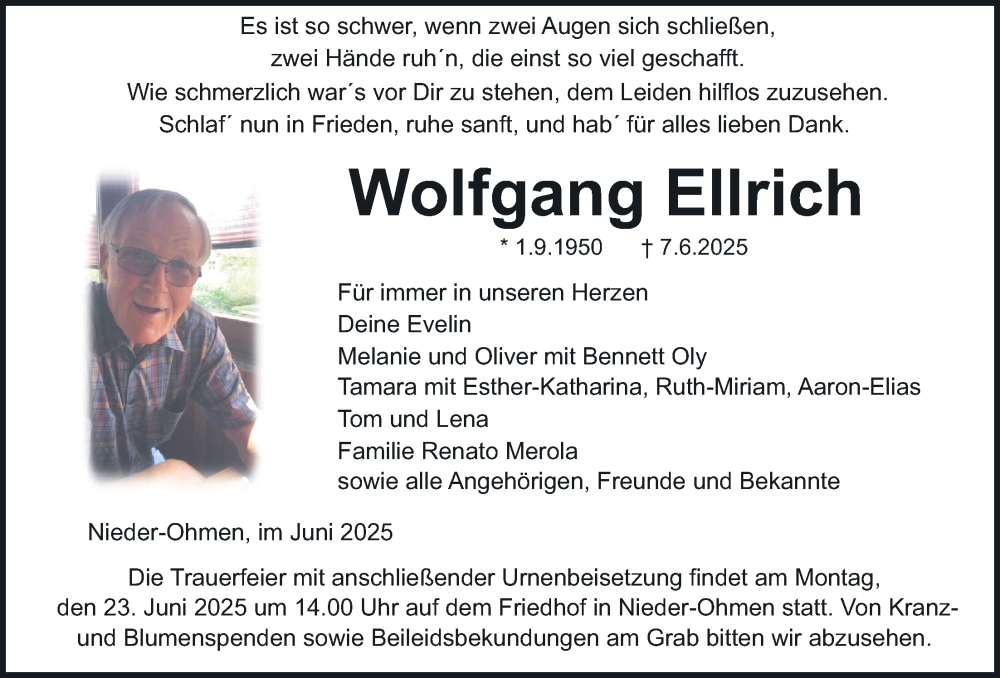  Traueranzeige für Wolfgang Ellrich vom 20.06.2025 aus Giessener Allgemeine, Alsfelder Allgemeine, Giessener Allgemeine, Alsfelder Allgemeine, Mücker Stimme