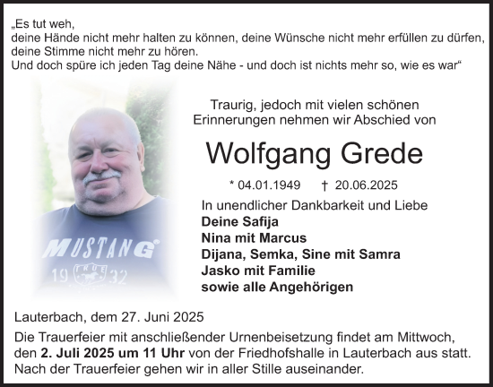 Traueranzeige von Wolfgang Grede von Lauterbacher Anzeiger