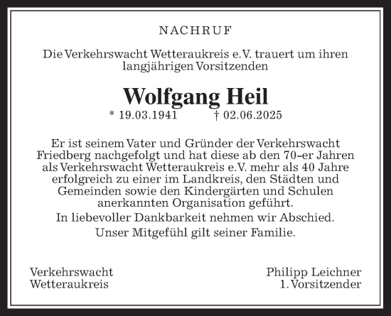 Traueranzeige von Wolfgang Heil von Wetterauer Zeitung, Kreis-Anzeiger