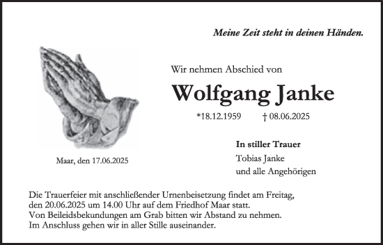 Traueranzeige von Wolfgang Janke von Lauterbacher Anzeiger