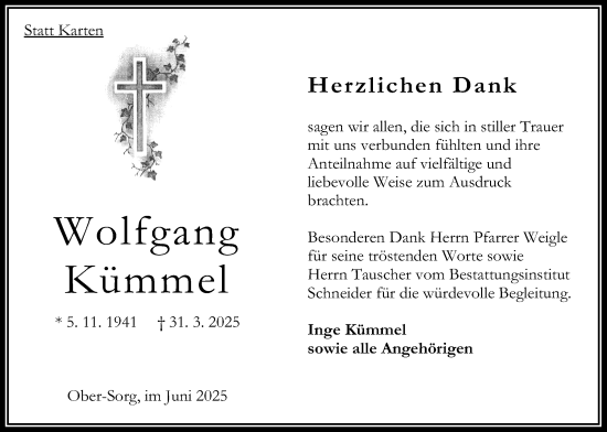 Traueranzeige von Wolfgang Kümmel von Oberhessische Zeitung