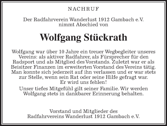 Traueranzeige von Wolfgang Stückrath von Butzbacher Zeitung