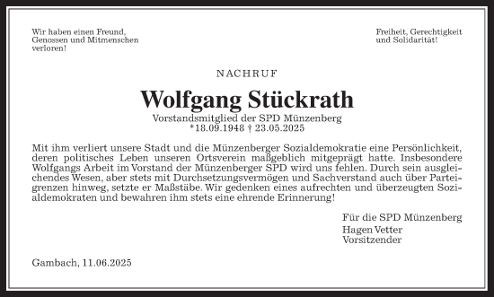 Traueranzeige von Wolfgang Stückrath von Butzbacher Zeitung