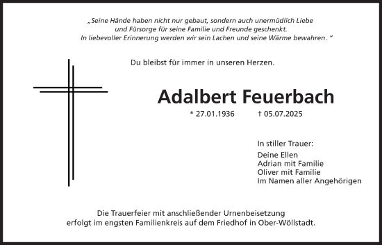 Traueranzeige von Adalbert Feuerbach von Wetterauer Zeitung