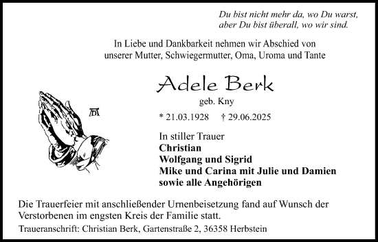 Traueranzeige von Adele Berk von Lauterbacher Anzeiger