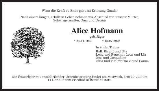 Traueranzeige von Alice Hofmann von Wetterauer Zeitung