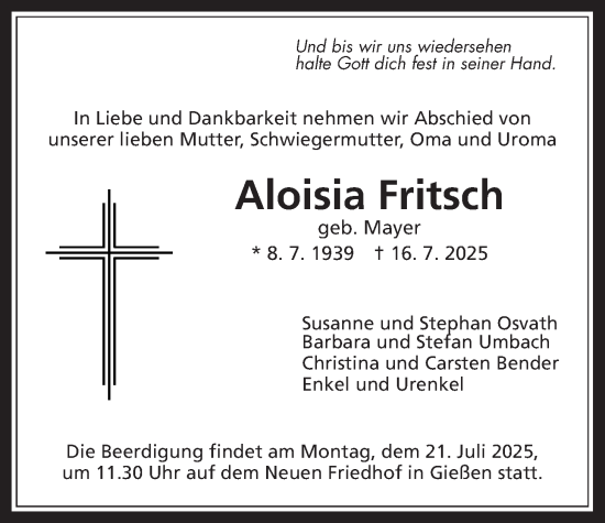 Traueranzeige von Aloisia Fritsch von Giessener Anzeiger, Giessener Allgemeine, Alsfelder Allgemeine