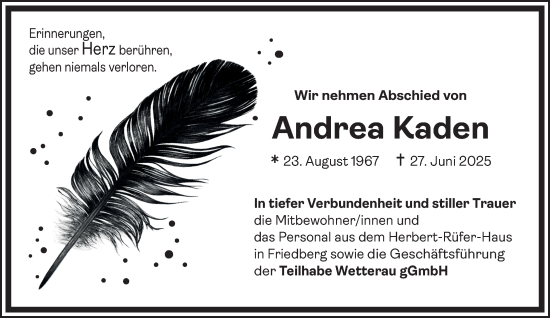Traueranzeige von Andrea Kaden von Wetterauer Zeitung