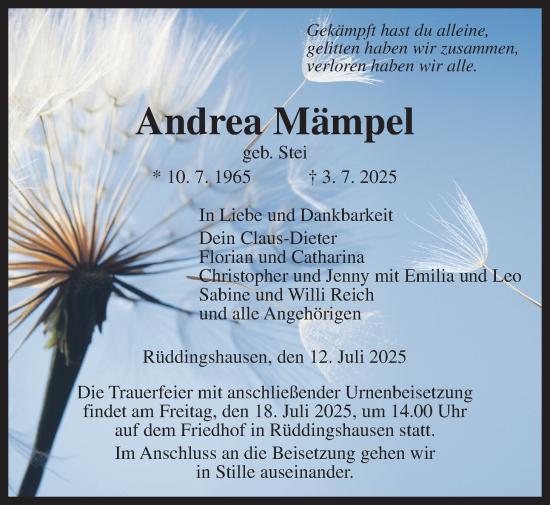 Traueranzeige von Andrea Mämpel von Giessener Allgemeine, Alsfelder Allgemeine
