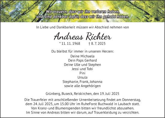 Traueranzeige von Andreas Richter von Giessener Anzeiger, Giessener Allgemeine, Alsfelder Allgemeine