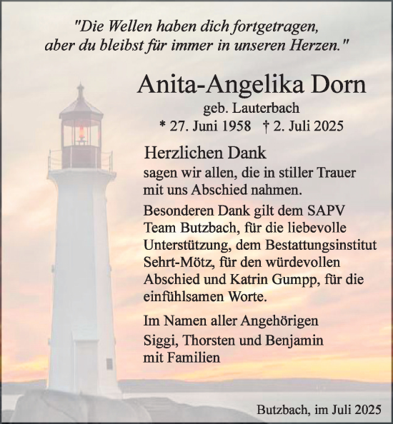 Traueranzeige von Anita-Angelika Dorn von Butzbacher Zeitung