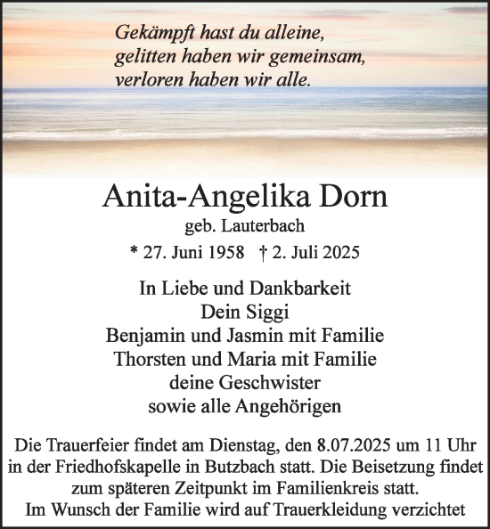 Traueranzeige von Anita-Angelika Dorn von Butzbacher Zeitung