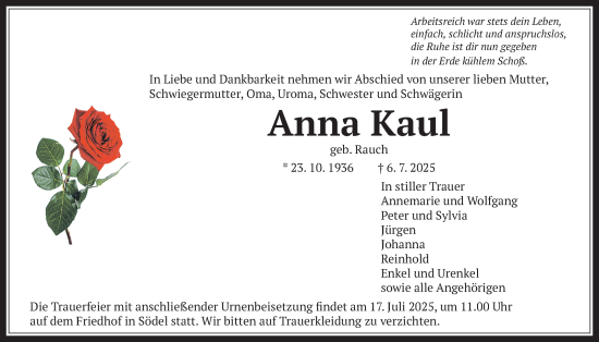 Traueranzeige von Anna Kaul von Wetterauer Zeitung