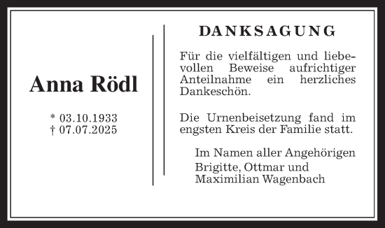 Traueranzeige von Anna Rödl von Wetterauer Zeitung