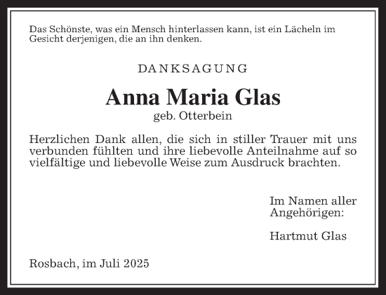 Traueranzeige von Anna Maria Glas von Wetterauer Zeitung