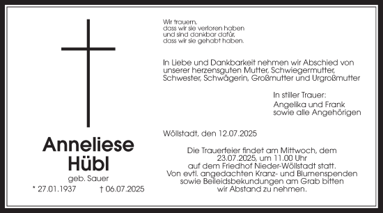 Traueranzeige von Anneliese Hübl von Wetterauer Zeitung