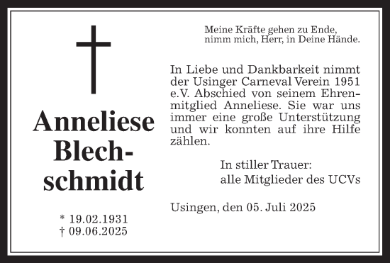 Traueranzeige von Anneliese Schmidt von Usinger Anzeiger