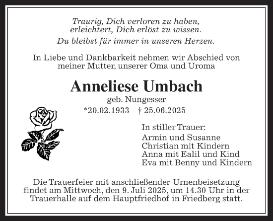 Traueranzeige von Anneliese Umbach von Wetterauer Zeitung