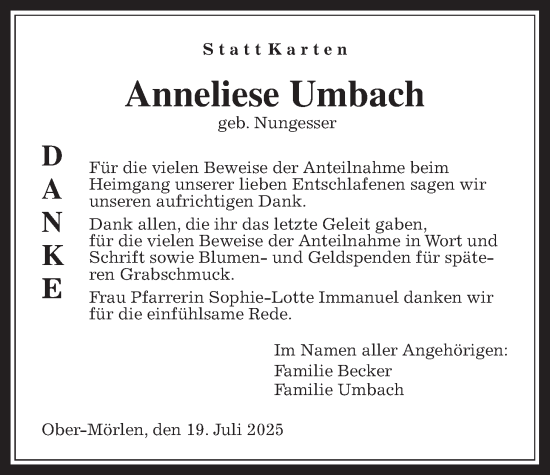 Traueranzeige von Anneliese Umbach von Wetterauer Zeitung