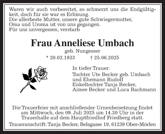 Traueranzeige von Anneliese Umbach von Wetterauer Zeitung