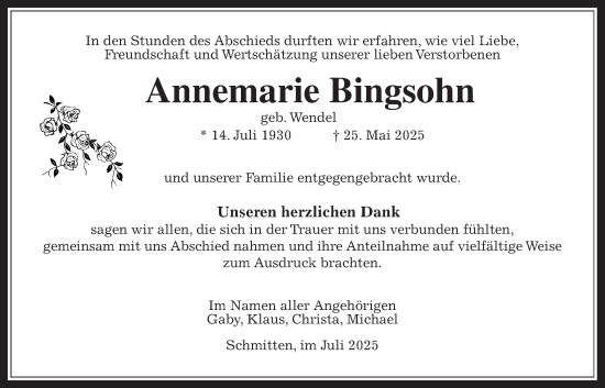 Traueranzeige von Annemarie Bingsohn von Usinger Anzeigenblatt