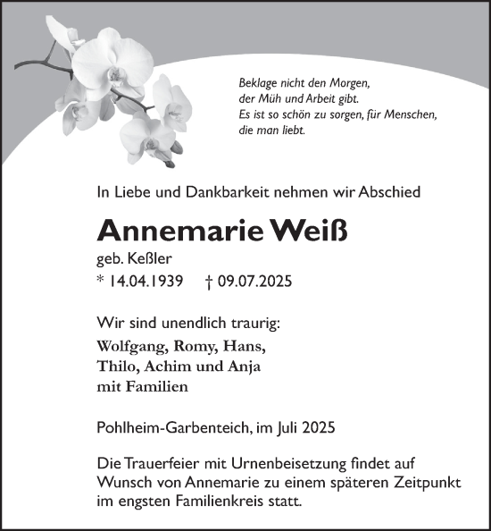 Traueranzeige von Annemarie Weiß von Giessener Allgemeine, Alsfelder Allgemeine