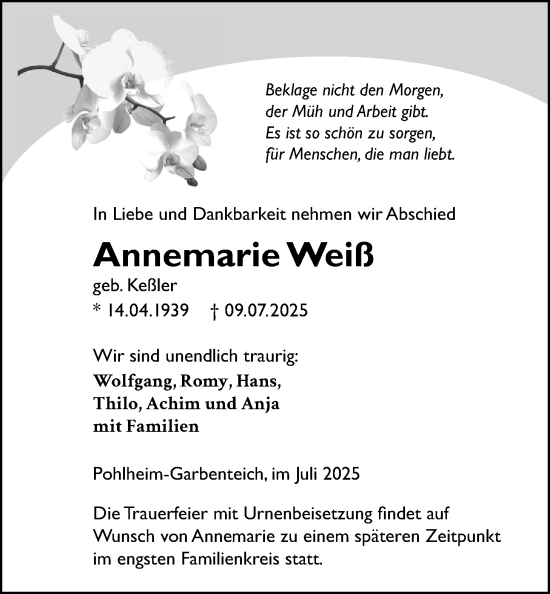Traueranzeige von Annemarie Weiß von Licher Wochenblatt
