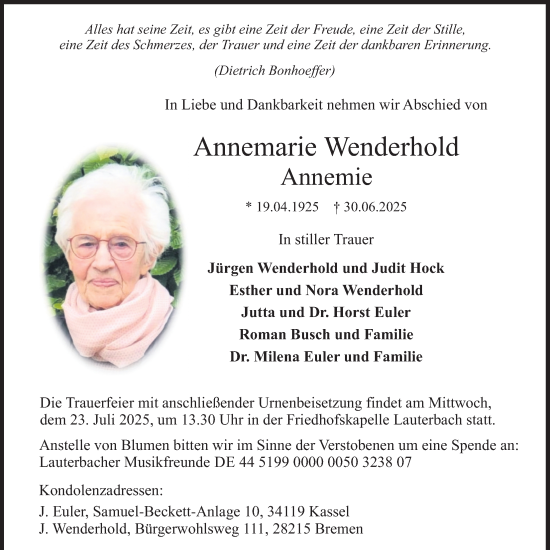 Traueranzeige von Annemarie Wenderhold von Lauterbacher Anzeiger