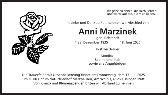 Traueranzeige von Anni Marzinek von Usinger Anzeigenblatt