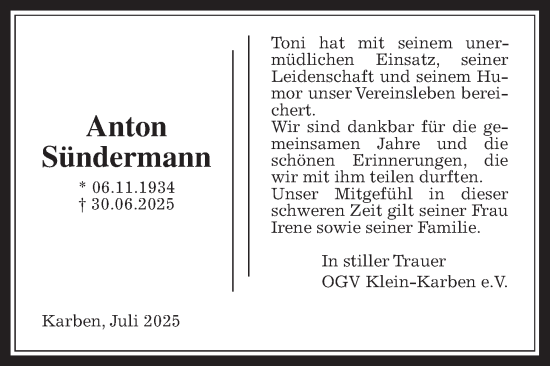 Traueranzeige von Anton Sündermann von Wetterauer Zeitung