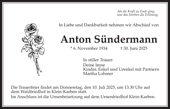 Traueranzeige von Anton Sündermann von Bad Vilbel/Karben