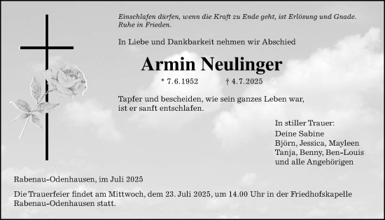 Traueranzeige von Armin Neulinger von Giessener Anzeiger