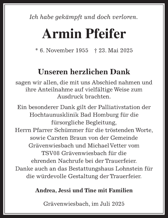 Traueranzeige von Armin Pfeifer von Usinger Anzeigenblatt
