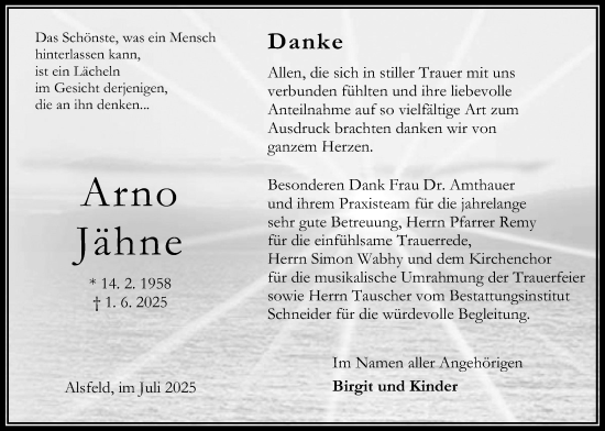 Traueranzeige von Arno Jähne von Oberhessische Zeitung