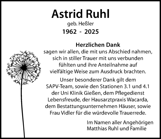 Traueranzeige von Astrid Ruhl von Licher Wochenblatt