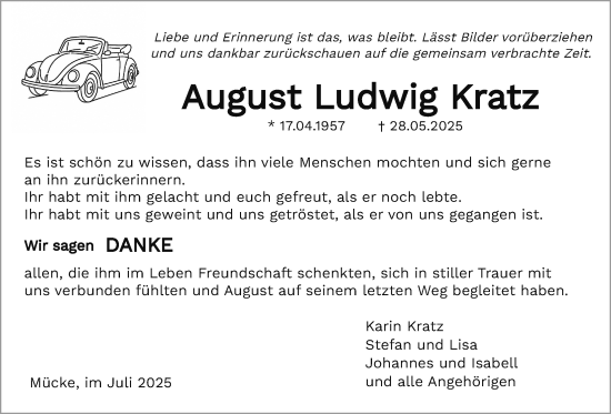 Traueranzeige von August Ludwig Kratz von Mücker Stimme, Giessener Allgemeine, Alsfelder Allgemeine