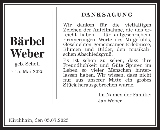 Traueranzeige von Bärbel Weber von Giessener Allgemeine, Alsfelder Allgemeine