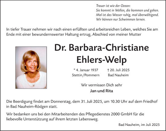 Traueranzeige von Barbara-Christiane Ehlers-Welp von Wetterauer Zeitung