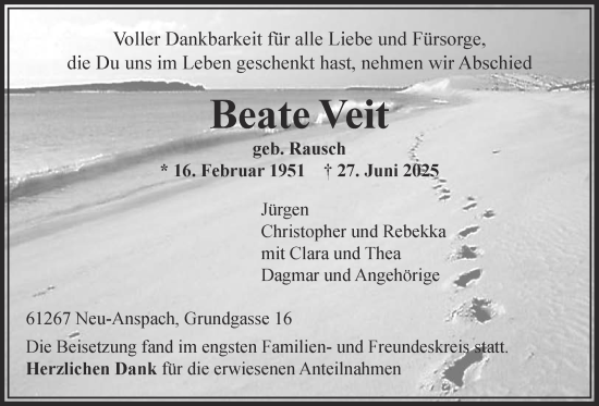 Traueranzeige von Beate Veit von Usinger Anzeigenblatt