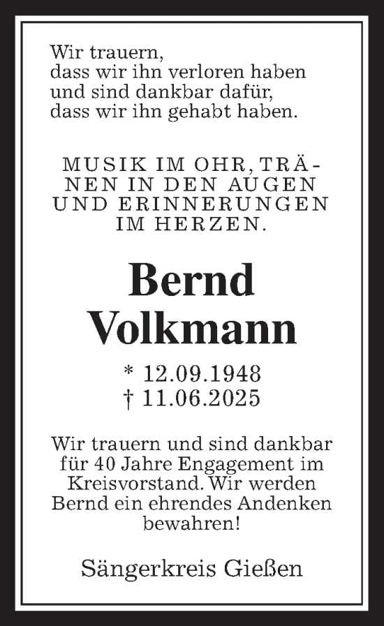 Traueranzeige von Bernd Volkmann von Giessener Allgemeine, Alsfelder Allgemeine, Giessener Anzeiger