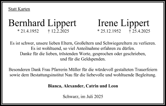 Traueranzeige von Bernhard Lippert 