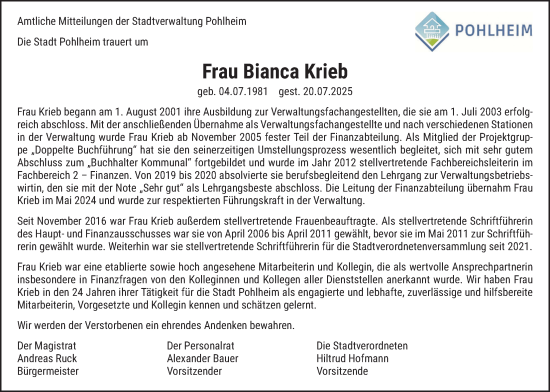 Traueranzeige von Bianca Krieb von Pohlheimer Nachrichten