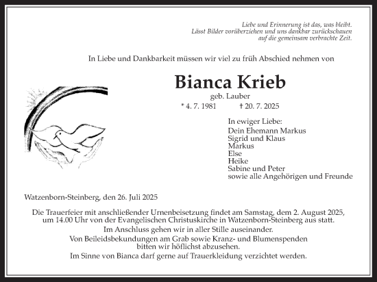 Traueranzeige von Bianca Krieb von Giessener Allgemeine, Alsfelder Allgemeine, Giessener Anzeiger