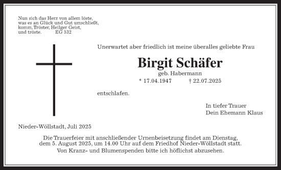 Traueranzeige von Birgit Schäfer von Wetterauer Zeitung