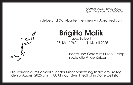 Traueranzeige von Brigitta Malik von Bad Vilbel/Karben