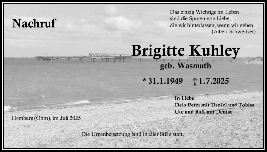 Traueranzeige von Brigitte Kuhley von Oberhessische Zeitung, Alsfelder Allgemeine